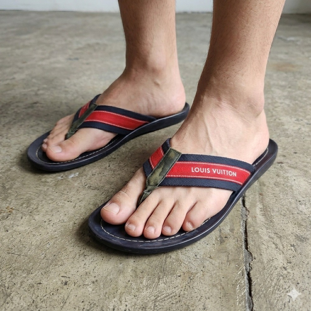Louis Vuitton Mens‎ Sandals 8 Blue Red Canvas Logo Thong Flip Flops Luxury